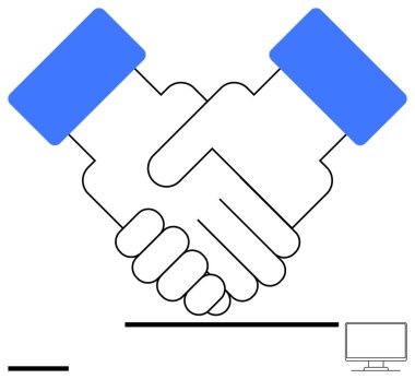 Ortaklığı, takım çalışmasını ve işbirliğini temsil eden iki tokalaşma. Basit tasarım elementleri ile kaplanmış. Doğrulama çizgileri ve bir bilgisayar. İş için ideal, anlaşmalar, dijital iletişim