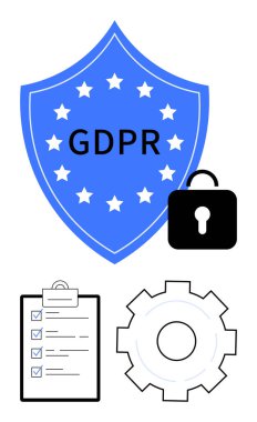 GDPR mesajı ve yıldızlı mavi kalkan, siyah kilit, işaretli listeler ve vites simgesi. Veri koruması, mahremiyet, yasal uyum, siber güvenlik, yönetmelik yönetimi için ideal basit iniş