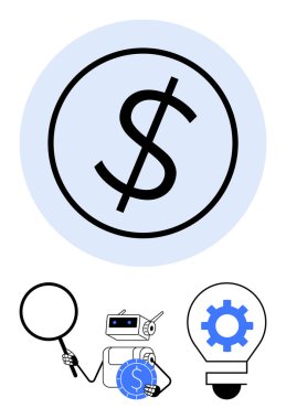 Dolar işareti, bozuk para tutan robot ve büyüteç, dişli ampul. Finans, teknoloji, yapay zeka araştırması, yenilik, ekonomik analiz, yatırım stratejisi için ideal basit bir metafor