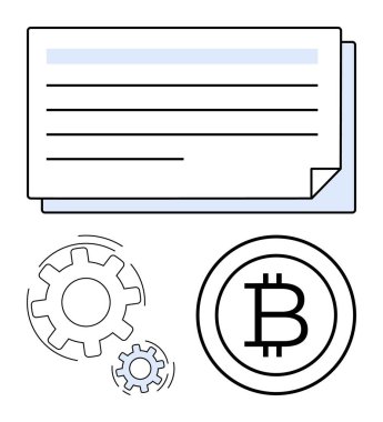 Çizgiler, mekaniği gösteren dişliler ve kripto para yönetimini temsil eden Bitcoin işareti. Engelleme zinciri, mali teknoloji, ekonomi, otomasyon, fintech, yatırım dairesi için ideal