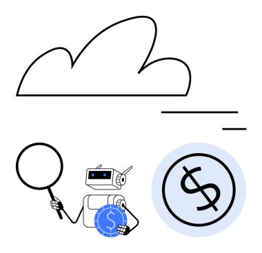 Robot bulut simgesi altında para ve büyüteç tutuyor ve teknoloji odaklı finansal analizi temsil eden büyük dolar işareti var. Teknoloji, finans, bulut hesaplama, yapay zeka, yenilik, araştırma için ideal
