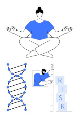 Zihinsel berraklık için meditasyon yapan kişi, bilimi sembolize eden DNA ipliği, bir ölçekte riski ölçen figür. Sağlık, genetik, farkındalık, denge, araştırma, strateji için ideal basit iniş sayfası
