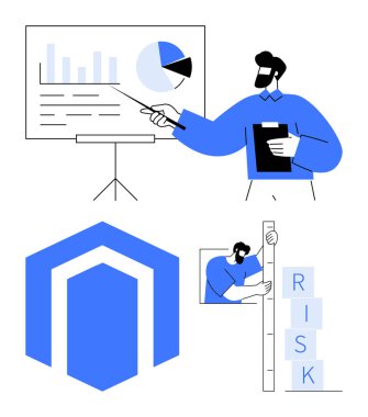 Panodaki analizlere işaret eden bir iş adamı, işaretli engelleri ölçen kişi, korumayı temsil eden kalkan sembolü. Ticari büyüme, strateji, planlama, analiz için ideal
