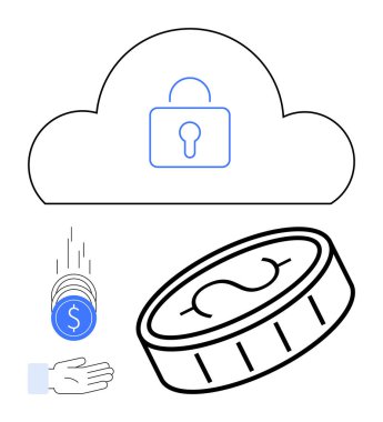Kilit sembollü bulut, elden düşme bozuk para, finansı temsil eden büyük para. Güvenlik, tasarruf, bankacılık, dijital cüzdan, fintech, kripto para birimi işi için ideal basit iniş sayfası