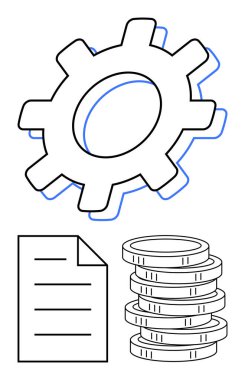 Gear, kağıt belge ve istiflenmiş paralar işbirliği, yönetim, mali planlama, yenilik, verimlilik, strateji ve ilerlemeyi temsil ediyor. İş ekonomisi teknolojisi ve daire için ideal