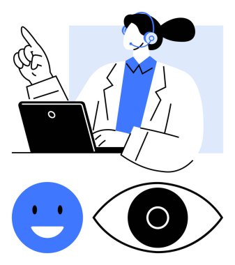 Bilgisayarda çalışan kulaklıklı profesyonel ajan, geri bildirim, iletişim ve analiz için gülen yüz ifadeleri ve göz simgeleri. Müşteri hizmetleri, yardım masası, geri bildirim sistemi için ideal