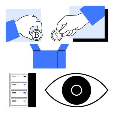 El değiştirme Bitcoin ve dolar sikkeler, açık kutu, sunucu ve stilize göz. Engelleme zinciri, fintech, kripto para birimi, mahremiyet, veri güvenliği işlem teknisyeni ve basit iniş sayfası için ideal