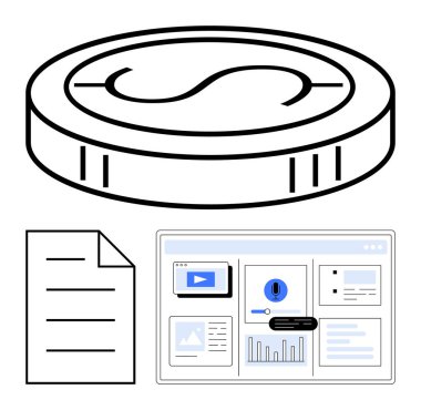 Tarayıcının üstünde dijital para ve bir belge var. Finans, kripto para birimi, veri yönetimi, çevrimiçi araçlar, ekonomi, raporlama ve yenilik için ideal. Düz basit metafor