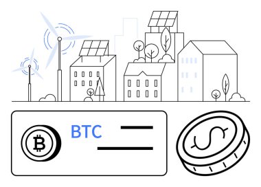 Şehir silueti güneş panelleri, rüzgar türbinleri ve ekolojik binaların yanı sıra kripto para birimi sembolü ve ödeme arayüzü de var. Finans, teknoloji, eko-yaşam, engelleme zinciri, sürdürülebilir enerji için ideal