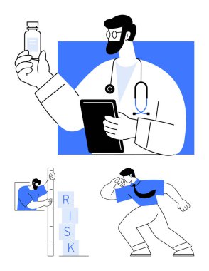 Doktor tablet ve şişe tutuyor, etiketli bloklarla profesyonel ölçüm yapıyor, şahıs acele ediyor. Sağlık, ilaç, güvenlik, risk yönetimi, zorluk ve sade iniş için ideal