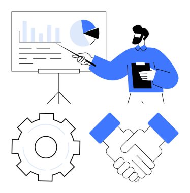 Adam verileri grafik, el sıkışma, işbirliği ve dişli gösterme süreçleriyle sunuyor. Takım çalışması, planlama, ortaklık, yenilik, pazarlama, strateji sade iniş sayfası için ideal