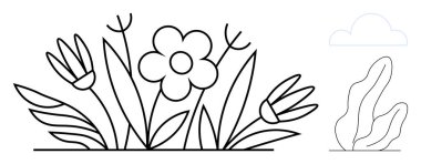 Etrafı yapraklarla çevrili narin çiçekler, minimalist bulut ve küçük yapraklar. Doğa, çevre, bahar temaları, eğitim, farkındalık, bahçıvanlık ve basit iniş sayfası için ideal