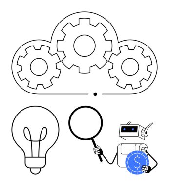 Üç vitese bağlı bulut, büyüteç, bozuk para ve ampul tutan robot. Teknoloji, veri analizi, otomasyon, yapay zeka, yenilik stratejisi araştırmaları için idealdir. Düz basit metafor