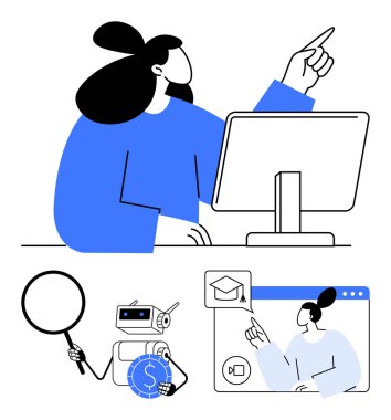 Bilgisayarla, büyüteçle, yapay zeka robotuyla, saatle, dolarla ve mezuniyet şapkası sembolüyle etkileşimde olan bir kadın. Teknoloji, eğitim, e-öğrenim inovasyon zaman yönetimi araştırma kariyeri için ideal