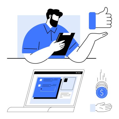 Adam panoyu inceliyor, başparmaklar yukarı, paralar el içine düşüyor ve görevleri gösteren dizüstü bilgisayar ekranı. Takım çalışması, verimlilik, finans, değerlendirme, çevrimiçi geribildirim araçları için ideal basit iniş sayfası