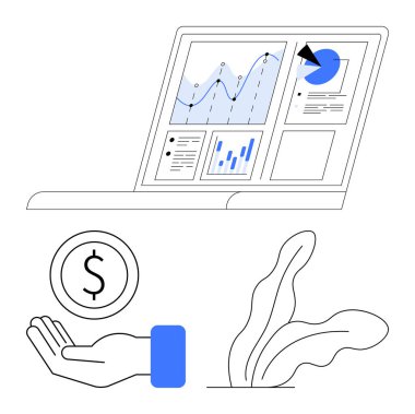 Analitik çizelgeleri gösteren dizüstü bilgisayar, bozuk para tutan el ve bitki elementi. Finans, yatırım, analitik, iş stratejisi, fintech, büyüme sade iniş sayfası için ideal