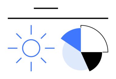 Minimalist güneş patlaması ve veri iletişimi, enerji dengesi ve sürdürülebilirlik için segmentli pasta grafiği. Analiz, enerji, tasarım, bilgi grafikleri, sunumlar, eğitim dairesi için ideal
