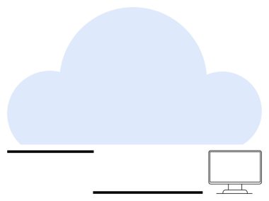 Minimum siyah yatay çizgileri ve bilgisayar ekranı olan büyük mavi bir bulut. Teknoloji, bulut hesaplama, bağlantı, veri depolama, dijital çözümler, yenilik ve basit bir iniş için ideal