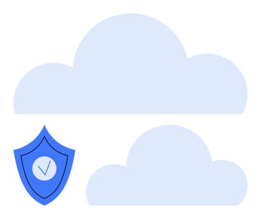 Mavi kalkanlı iki bulut işaretli güvenli bulut tabanlı veri depolama iletiyor. Siber güvenlik, bulut bilgisayarı, veri koruması, gizlilik, bilişim çözümleri, çevrimiçi güvenlik, basit