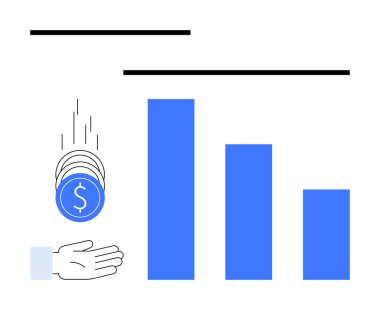 Mavi bar tablosu, madeni yatırımları, gelirleri veya tasarrufları simgeleyen madeni paraların el ele düşüşünü gösteriyor. İş, finans, yatırım, ekonomi ve büyüme stratejisi için ideal