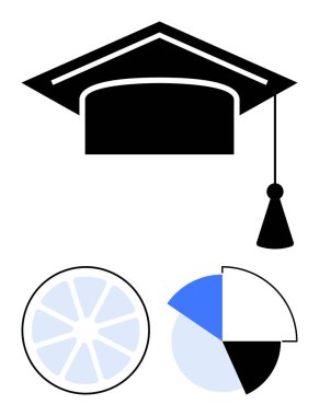 Basitleştirilmiş pasta grafiği ve radyal diyagramın üzerinde püsküllü akademik başlık. Eğitim, başarı, veri görselleştirme, analitik, bilgi paylaşımı, akademik ilerleme, takım çalışması için idealdir. Düz basit