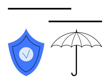 İşaretli mavi kalkan ve siyah şemsiye güvenlik, koruma ve güvenliği uyandırıyor. Sigorta, risk yönetimi, siber güvenlik, güven, mahremiyet, güvenilirlik için ideal basit iniş sayfası