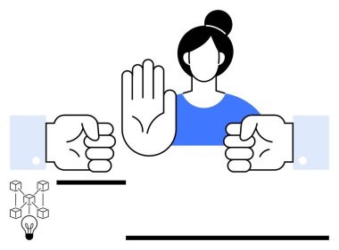 İki zıt yumruğu durdurmak için elini kaldıran kadın anlaşmazlık çözümünü ya da sınırları sembolize ediyor. Çatışma yönetimi, müzakere, takım çalışması, karar verme süreci, kişisel büyüme, sınırlar için ideal