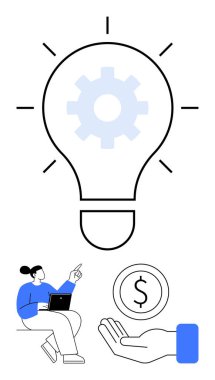 Dizüstü bilgisayarı ampulü işaret eden, dişlisi, parası ve eli açık bir kadın. Yenilik, yaratıcılık, girişimcilik, finans, strateji, takım çalışması için ideal basit iniş sayfası