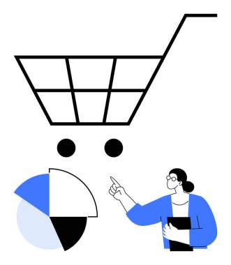 Alışveriş arabasının grafiğine işaret ederken profesyonel pasta grafiği. E-ticaret, pazarlama, perakende analizi, tüketici davranışı, satış stratejisi, iş anlayışı, düz basit metafor