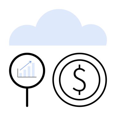 Büyütme grafiği ve madeni parayla büyüteç üzerinde bulut. Finans, analitik, büyüme, ekonomi, yatırım, iş stratejisi için ideal basit bir iniş sayfası. Çizgi benzetmesi. Basit satır simgeleri