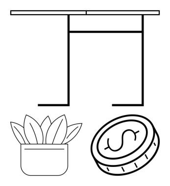 İnce çizgileri olan modern masa tasarımı bir saksı bitkisi ve stilize edilmiş bir dolarla tamamlanmış. Minimalizm, çalışma alanı d cor, üretkenlik, para yönetimi, basitlik, modern estetik için ideal