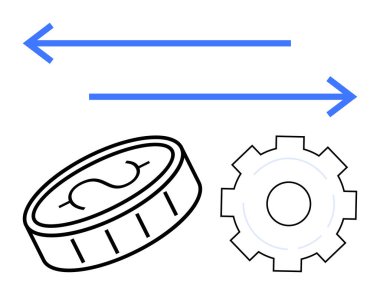 Madeni para ve teçhizat iki yönlü oklarla yapılan para ve hizmet alışverişini gösteriyor. İş, finans, teknoloji, ekonomi, işlem, otomasyon, basit iniş sayfası için ideal