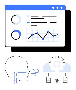 Veri tabloları, grafikler, solunum hava akışı şeması ve bulut ağında belgeleri olan çark. Analiz, sağlık teknolojisi, otomasyon, bulut depolama, yapay zeka araştırması için ideal