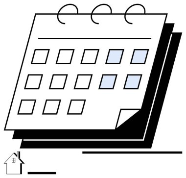 Sarmal ciltli takvim, işaretli tarihler ve küçük bir ev sembolü ile aç. Planlama, planlama, gayrimenkul, etkinlik, üretkenlik için idealdir, basit projeleri hatırlatır
