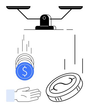 Düşen madeni paraların üzerinde denge kurmak ve finans, yatırım, adalet veya servet dağılımını sembolize eden ellere ulaşmak. Ekonomi, tasarruf, finans eşitliği, yatırım kavramları ve bütçe için ideal