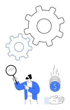 Vitesin yanında büyüteç tutan adam işlevselliği inceliyor. Eline geçen madeni paralar karlılığa işaret ediyor. İş stratejisi, verimlilik, mali büyüme, analiz, yönetim için ideal