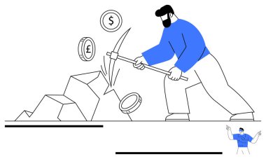 Kayalara kazma sallayan adam, madeni çaba, yatırım, tasarruf, kripto para birimi, engelleme zinciri, dijital varlıklar ve servet birikimini simgeliyor. Ekonomi madenciliği için ideal