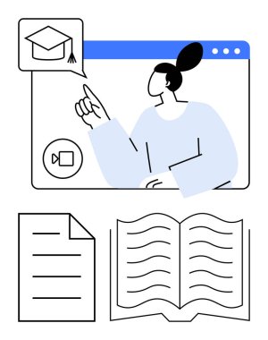 Webinar arayüzü, video ikonu, belge ve açık kitaptaki mezuniyet şapkasına bakan kadın. Eğitim, e-öğrenim, eğitim, bilgi ve sanal sınıf akademik çalışmaları için idealdir. Düz