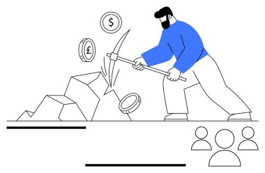 Dolar ve pound işaretleri de dahil olmak üzere madeni paraları ortaya çıkarmak için kazmayla taş kıran biri. Finans, kripto para birimi, yatırım, sıkı çalışma, iş büyümesi, zenginlik, basit iniş sayfası için ideal