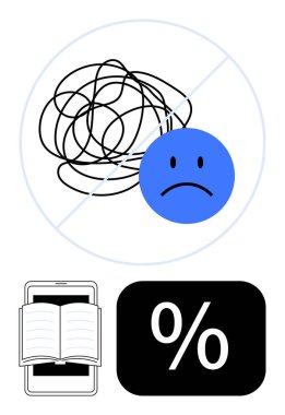 Karmaşık çizgiler, kafa karışıklığını temsil eden, öğrenmeyi sembolize eden bir tablet üzerindeki açık kitap ve ölçülebilir hedefler için yüzde simgesi. Eğitim ve verimlilik için ideal