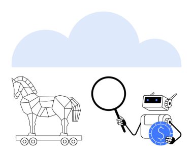 Truva atı, bulutun altında büyüteç ve sikke tutan bir robotun yanında. Siber güvenlik, hackleme, dijital adli tıp, veri koruması, finansal güvenlik, yapay zeka ve bulut için ideal