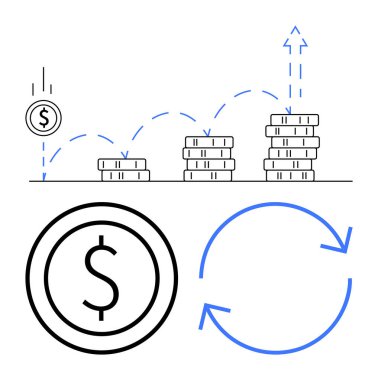 Yığılmış paralar, kesik oklar, dolar işareti ve dairesel oklarla yükseliyor. Finans, yatırım, büyüme, zenginlik yönetimi, tasarruflar, basit iniş sayfaları için bütçe