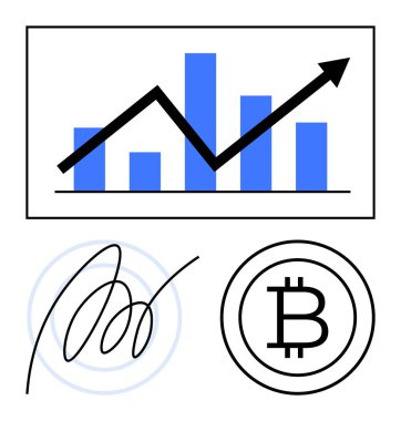 Yukarı doğru ok, dijital el yazısı imzası ve Bitcoin simgesi olan çubuk çizelgesi. Finans, kripto para birimi, engelleme zinciri, teknoloji, yatırımlar için ideal dijital ekonomi eğilimleri. Düz basit