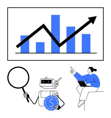 Robot, bar tablosunun yanında büyüteç ve bozuk para tutuyor ve ok da büyüme eğilimlerini gösteriyor. İş kadını verileri analiz ediyor. Finans, teknoloji, yapay zeka, analiz, yenilik, iş anlayışı için ideal