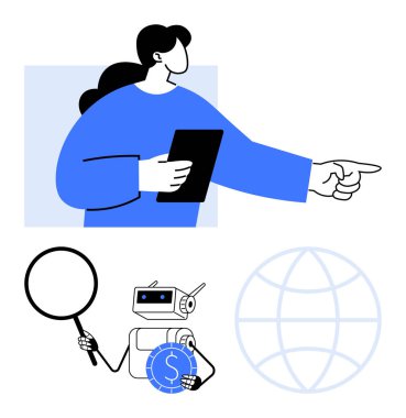 Tableti tutan ve ileri bakan iş kadını, verileri büyüteç ve para birimi sembolüyle analiz eden robot, bağlantıyı temsil eden küre. Rehberlik, finans, araştırma ve yenilik için ideal