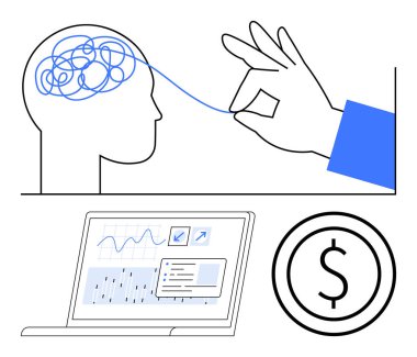 Kafa karıştırıcı düşüncelerle dolu el ipliği, finansal verileri analiz eden dizüstü bilgisayar, para birimi sembolü. Zihinsel berraklık, problem çözme, teknoloji, yenilik, iş stratejisi, finans için ideal