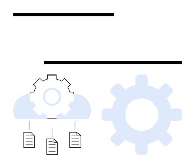 Teçhizatlı bulut, aşağıda birbirine bağlı dosyalar, arka planda büyük soluk dişli. Veri paylaşımı, sistem entegrasyonu, otomasyon, bulut depolama, iş akışı, teknoloji düz metaforu için ideal