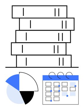 Kitap yığını, bölünmüş pasta grafiği ve zaman çizelgesi olan takvim. Eğitim, planlama, verimlilik, veri analizi, zaman çizelgeleri araştırma öğrenimi için idealdir. Düz basit metafor