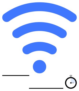 Köşesinde küçük bir kronometresi olan mavi kablosuz sinyal simgesi hız ve bağlantıyı gösteriyor. Teknoloji, yenilik, iletişim, internet, kablosuz ağ, hız tabanlı