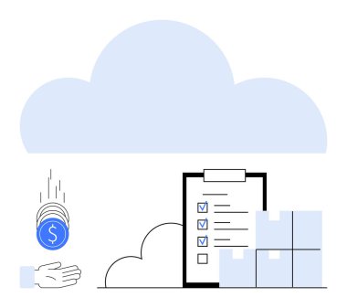 Pano listeli bulut, depolama kutuları ve bir ele doğru düşen bozuk paralar. Finans, lojistik, veri depolama, envanter, bulut çözümleri, iş yönetimi basit iniş sayfası için ideal